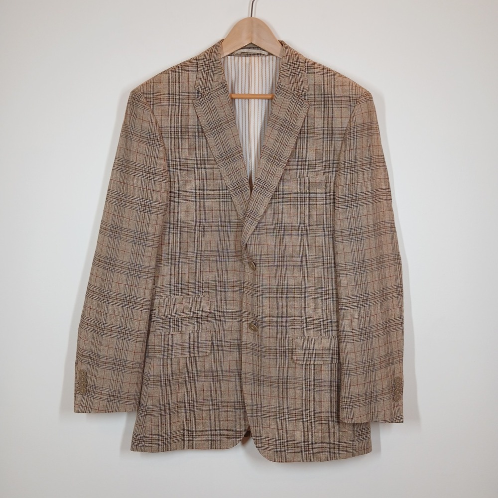 Inserch Blazer Men 40R Beige Plaid Linen Glen Check Italian Preppy Tailored